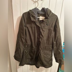 A new day women’s large dark olive green zip up hooded windbreaker jacket coat
